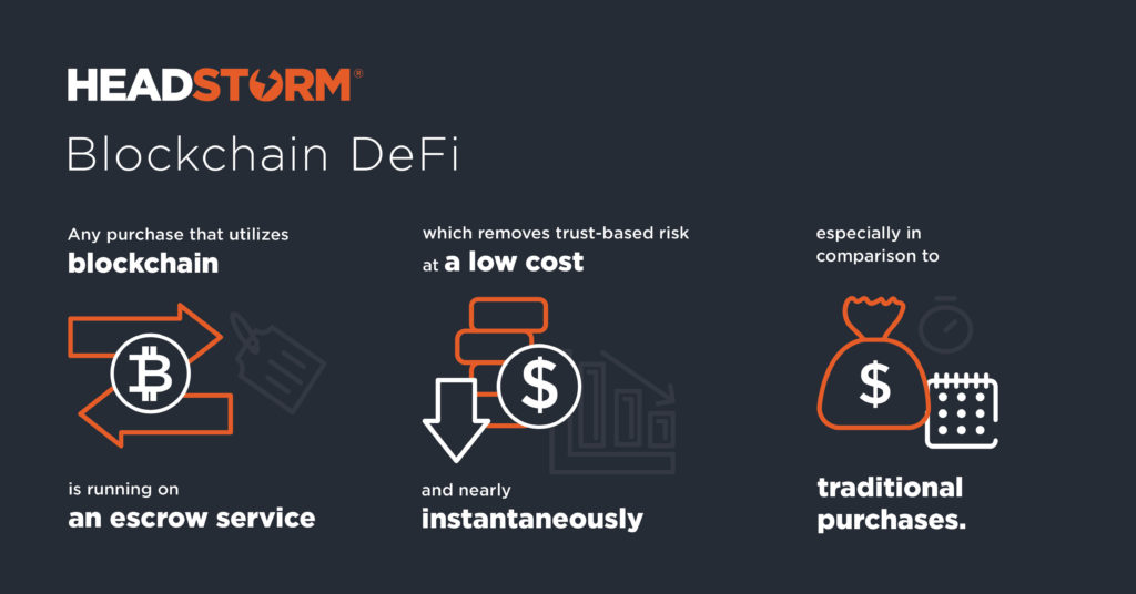 Blockchain DeFi: Any purchase that utilizes blockchain is running on an escrow service which removes trust-based risk at a low cost and nearly instantaneously especially in comparison to traditional purchases